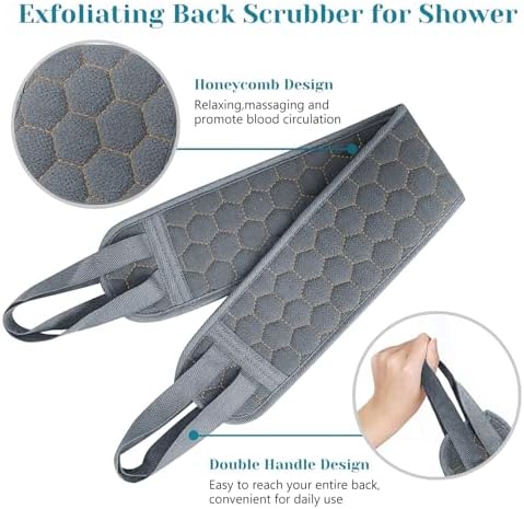 Inmorven Back Scrubber for Shower Exfoliating Body Scrubber 40 inch Double-Sided Back Exfoliator Scrub Towel, Bath Body Brush Widened Back Washer with Handle for Men and Women (Grey)