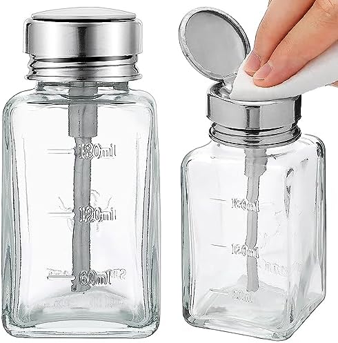 2 Pcs 6 Oz/ 180 ml Clear Pump Dispenser Bottle with Metal Flip Cover Glass Nail Polish Remover Push Down Dispenser Bottle Refillable Push Down Pump Dispenser Press Container for Makeup Remover