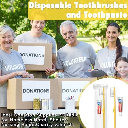 HOFASON Disposable Toothbrushes with Toothpaste Pack of 200, Yellow Hollow Travel Toothbrush Set with 5g Toothpaste Individually Wrapped Toothpaste Bulk for Homeless, Nursing Home, Shelter, Hotel
