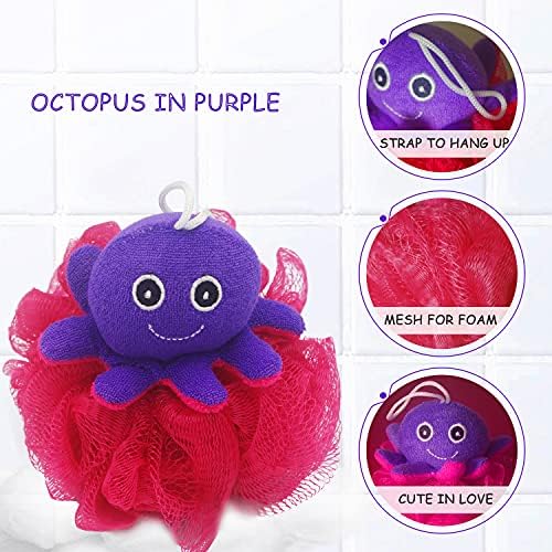 (4 Pack) Lovely Animal Design Kids Exfoliating Bath Scrubber Body Scrubber Shower Ball for Baby Toddler Kids Gentle Exfoliating Bath Sponge Loofah Pouf in Colorful Design