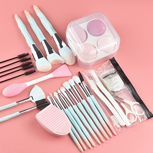 30Pcs Pink blue gradient makeup brush with makeup sponges makeup tools set makeup brush set natural synthetic eye shadow foundation make-up facial mixed powder blusher concealer eye makeup brush set