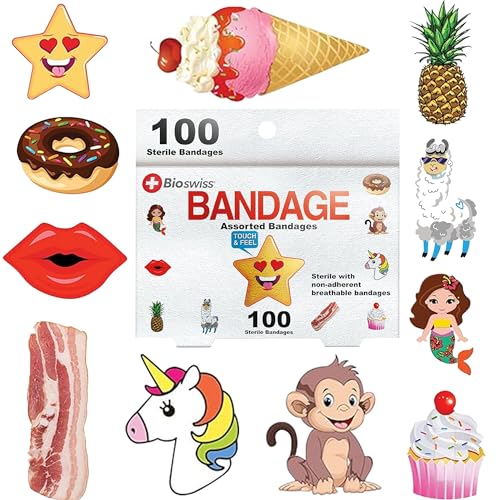 BioSwiss Bandages, Assorted Animal, Fun, and Food Shaped Self Adhesive Bandage, Latex Free Sterile Wound Care, 100 Count
