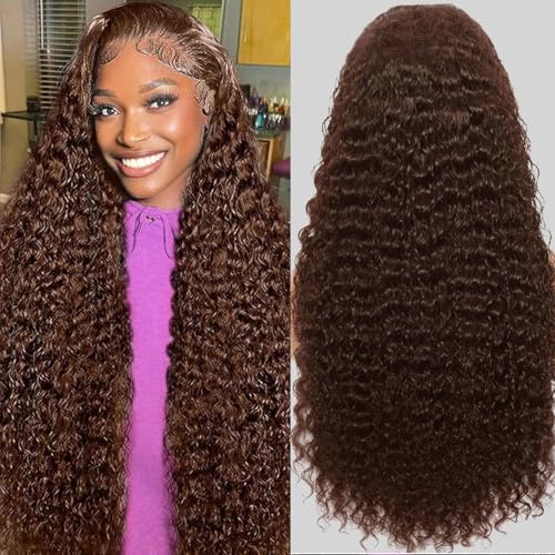 30Inch Chocolate Brown Deep Wave Lace Front Wigs Human Hair 200 Density 13x6 HD Lace Frontal Wigs Curly Human Hair Wig For Women Pre Plucked with Natural Hairline 4# Brown Color