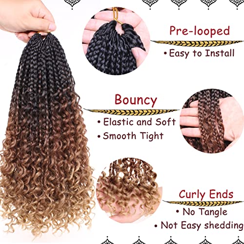 Beverlee 14 Inch Boho Braids - 128 Strands Pre-Looped Synthetic Crochet Hair for Black Women - Bohemian Messy Box Braids with Curly Ends