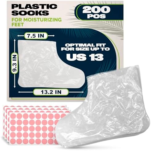 200 Pcs Plastic Foot Covers for Feet – 13 USA Leak-Proof, Durable, Ribbed Anti-Slip Design with 200 Stickers for Snug Closure – Plastic Socks for Moisturizing Feet, Great for Wax Foot Care & Hydration