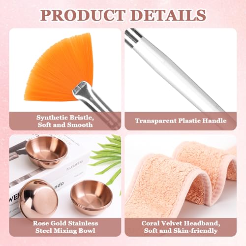 24Pcs Esthetician Supplies for Facials Set 6 Rose Gold Facial Bowls Esthetician 6 Facial Headbands 6 Facial Fan Mask Brushes & 6 Flat Brushes for Women Facial Mask Mixing Kit Facial Tools