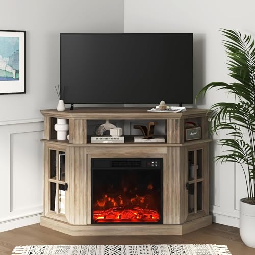 YESHOMY Corner Fireplace TV Stand for Television up to 55" with Storage Cabinets, Entertainment Center, Media Console for Living Room, Bedroom, Rustic Gray
