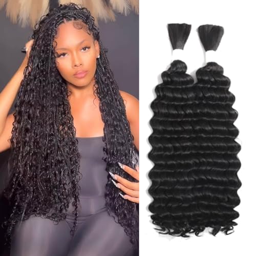 Human Braiding Hair for Boho Braids Mixed Synthetic Hair 2Bundles 160g for Boho Braid Human Hair Deep Wave Bulk Human Hair for Braiding No Weft Hair Extensions for Bohemian Braids 24 inch (1B)