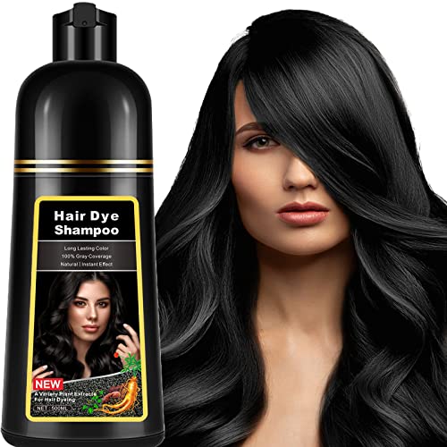 Instant Black Hair Dye Shampoo 3 in 1 for Men Women, Herbal Hair Color Shampoo for Gray Hair Coverage, Natural Champu Para Canas Easy to Use 17.6 FL OZ (Black)