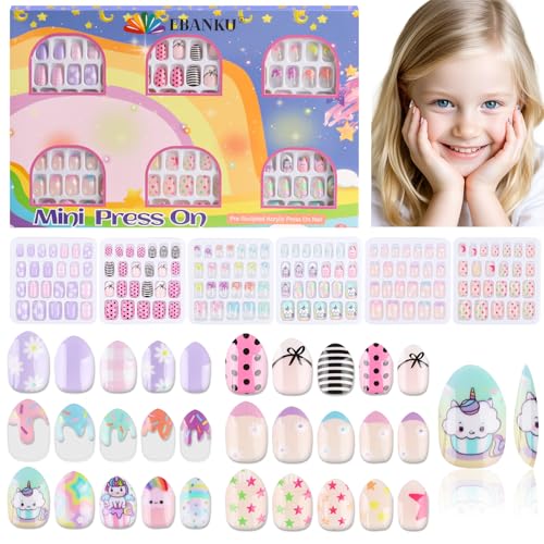 144 Pieces Press on Nails for Kids, EBANKU 6 Pack Kid Fake Nail Cute Colorful Press on Nails for Girls 5-12 Years with Pre- Adhesives