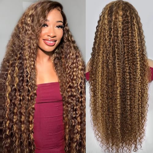 30inch Highlight Ombre Lace Front Wig Human Hair 13x6 HD Honey Blonde 4/27 Deep Wave Lace Front Wigs Human Hair 200 Density Glueless Wigs Human Hair Pre Plucked with Baby Hair