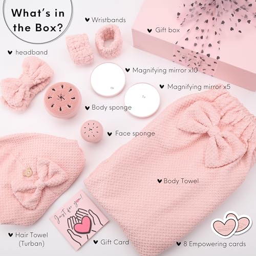 Happy Lolli Power Shower Gift Set – College Essential Bath Accessories for Women and Teen Girls – Includes Body Towel, Hair Towel, Wrist Bands, Headband, Face Sponge and More (Fresh in Pink)