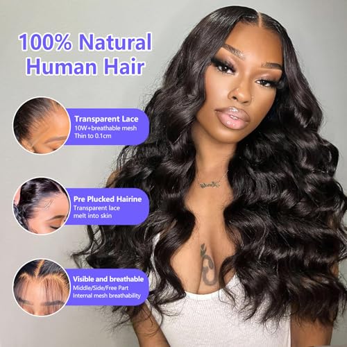 Body Wave Lace Front Wigs Human Hair Pre Plucked 13x4 HD Transparent Lace Frontal Glueless Wigs Human Hair Natural Hairline 180 Density Lace Front Wigs Bleached Knots 24 Inch