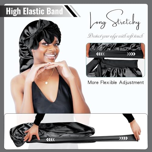 BONNET QUEEN Braid Bonnet Foldable Extra Long Bonnet for Braids Silk Bonnet Satin Bonnet with tie Band Hair Bonnet for Sleeping Night for Locs Black