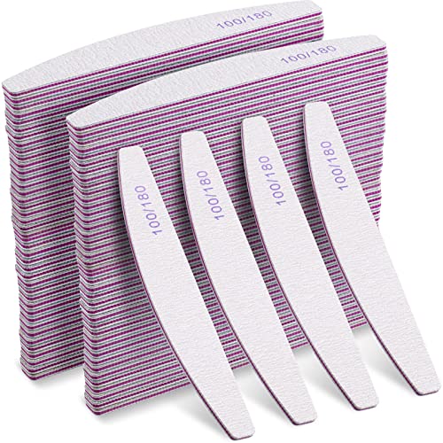 150 Pcs 100/180 Grits Nail Files Bulk Doubled Sided Emery Boards Reusable Curved Coarse Nail Buffers Manicure Tools for Acrylic Natural Toenails Home and Salon Use