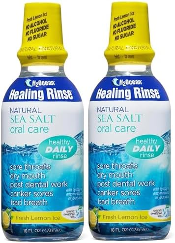 2 Pack H2Ocean Healing Rinse Mouthwash- Great Tasting Sea Salt & Xylitol Mouth Wash for Fresh Breath & Dry Mouth - Alcohol & Fluoride Free - Lemon Ice 16oz