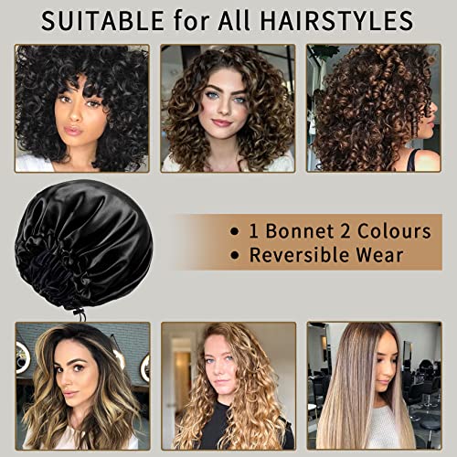 22 Momme 100% Mulberry Silk Bonnet Hair Wrap for Sleeping, Adjustable Silk Scrunchies Sleep Cap for Women Men Hair Care, Head Scarf Night Caps with Elastic Stay On Head, 1Pc(Black,Black)