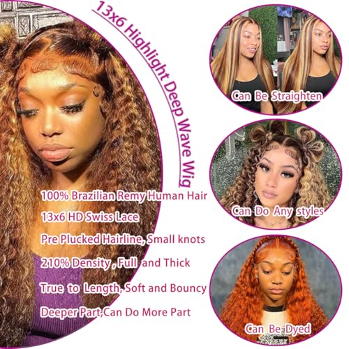 13x6 Highlight Deep Wave Lace Front Wigs Human Hair 210% Density Deep Curly Human Hair Wig Pre Plucked 28inch P4/27 Ombre HD Lace Frontal Wigs for Women