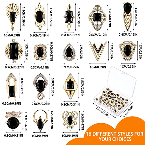 24 Pieces 3D Nail Charms Gold Luxury Black Rhinestones Nail Charms for Acrylic Nails Black Zircon Jewels Crystals Rhinestones with Storage Box for DIY Craft Art