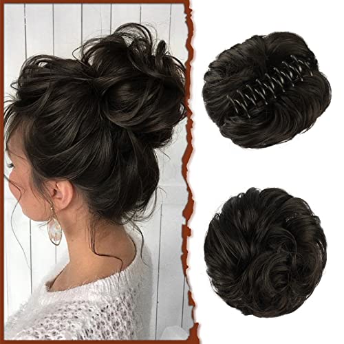 SOFEIYAN Claw Clip Messy Bun Hair Piece Wavy Curly Hair Bun Clip in Claw Chignon Ponytail Hairpieces Synthetic Tousled Updo Hair Extensions Scrunchie Hairpiece for Women, Darkest Brown Tend to Black