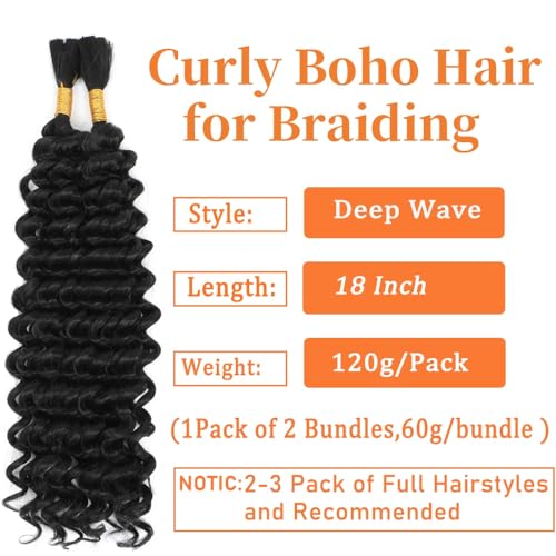 Human Braiding Hair Mix Synthetic Boho Hair for Braiding, 18 Inch Wet and Wavy 2 Pcs Deep Wave Bulk for Curly Bohemian Hair Extensions(1B, 18 Inch)
