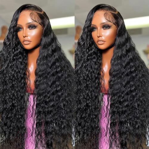 28 Inch 13x6 Deep Wave Lace Front Wigs Human Hair Pre Plucked 200% Density 13x6 HD Transparent Lace Frontal Curly Wig Human Hair Glueless Deep Curly Wigs for Women Natural Black