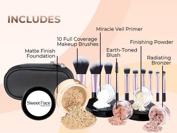 16pc STARTER KIT with 10 BRUSHES SET (WARM) Mineral Makeup Bare Face Loose Powder Includes Matte Foundation, Veil Primer, Blush, Bronzer, Translucent Finishing Setting Powder SPF 30 Travel Size