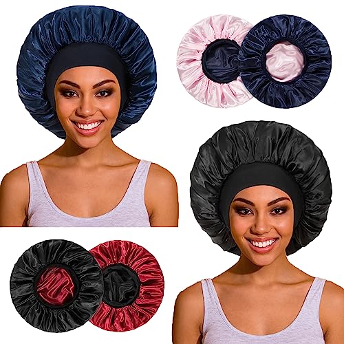 2pcs Double Layer Two-Color Satin Silk Hair Bonnet for Sleeping Women, Reversible Sleep Bonnets for Women, Wide Band Sleep Cap for Curly Hair Braids