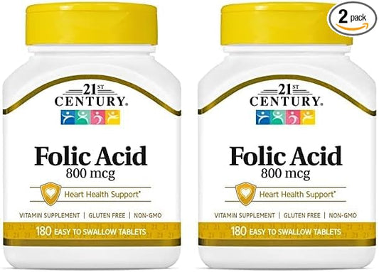 21st Century 800 mcg Folic Acid Tablets, Assorted, 180 Count (Pack of 2)