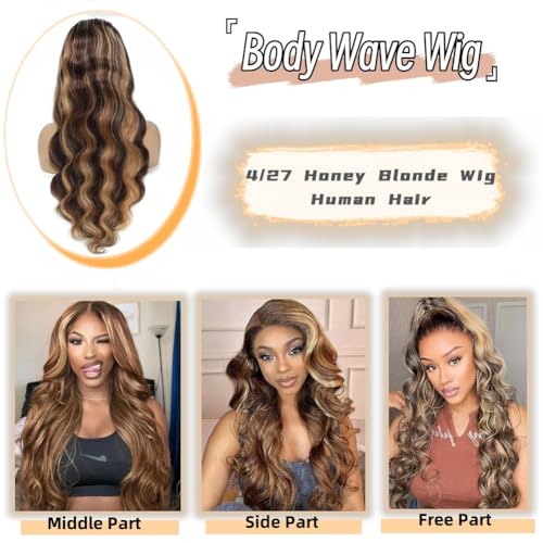 Honey Blonde Ombre Lace Front Wig Human Hair Highlight Body Wave Lace Front Wigs Human Hair Pre Plucked 200 Density Glueless Wig 13X6 HD Lace Frontal Wig for Women 4/27 Colored 28 Inch
