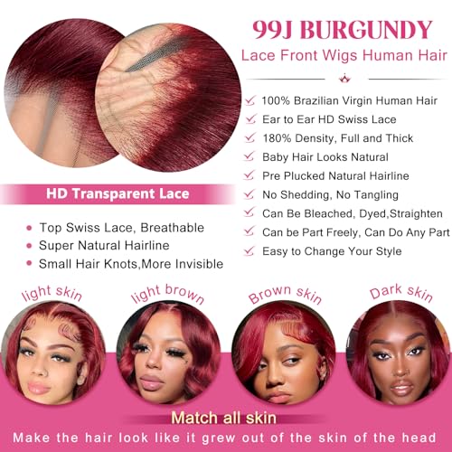 28 Inch 99J Burgundy Lace Front Wigs Human Hair 13x6 HD Transparent Body Wave Lace Front Wigs Human Hair Pre Plucked 99j Burgundy Red Wine Glueless Human Hair Wigs for Women