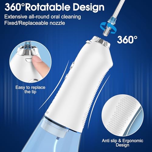 H2ofloss Water Dental Flosser Portable Dental Oral Irrigator with 5 Modes, 6 Replaceable Jet Tips, Rechargeable IPX7 Waterproof Teeth Cleaner for Home and Travel -300ml Detachable Reservoir (HF-6)