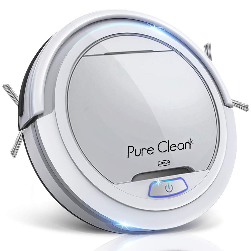 Pure Clean Robot Vacuum Cleaner - Upgraded Lithium Battery 90 Min Run Time - Automatic Bot Self Detects Stairs Pet Hair Allergies Friendly Robotic Home Cleaning for Carpet Hardwood Floor