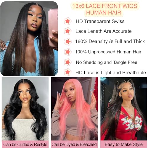 13x6 Lace Front Wigs Human Hair 28 Inch Straight HD Transparent Lace Front Wigs Human Hair Pre Plucked Natural Color 180 Density With Baby Hair for Women