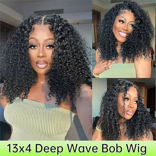 16 Inch Bob Wig Human Hair 200% Density Deep Wave Lace Front Wigs Human Hair for Women Pre Plucked Wet and Wavy Short Bob Wigs 13x4 HD Lace Frontal Wig 100% Virgin Human Hair Burmese Curly
