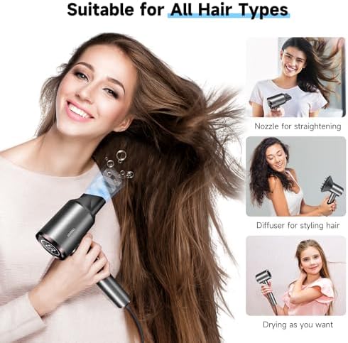Hair Dryer, 150000RPM Professional High-Speed Negative Ionic Care Blow Dryer, Heat-Control, Fast Drying, Low Noise with Magnetic Diffuser and Nozzle, 4 Temps & 3 Speeds, HD Display Gray