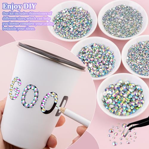 25000Pcs Resin Rhinestones with Tweezers for Crafting, AB 2-6mm Mixed Sizes Bedazzling Crystal with 3Pcs 10ml B7000 Jewelry Glue for DIY Crafts Clothing Tumblers Shoes Fabric Nail Art