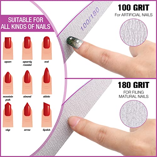 150 Pcs 100/180 Grits Nail Files Bulk Doubled Sided Emery Boards Reusable Curved Coarse Nail Buffers Manicure Tools for Acrylic Natural Toenails Home and Salon Use