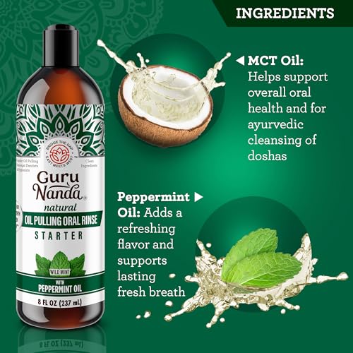 GuruNanda Starter Pulling Oil Mouthwash for Natural Teeth Whitening, Coconut and Peppermint Oil for Fresh Breath & Happy Gums, Alcohol-Free, 8 Oz