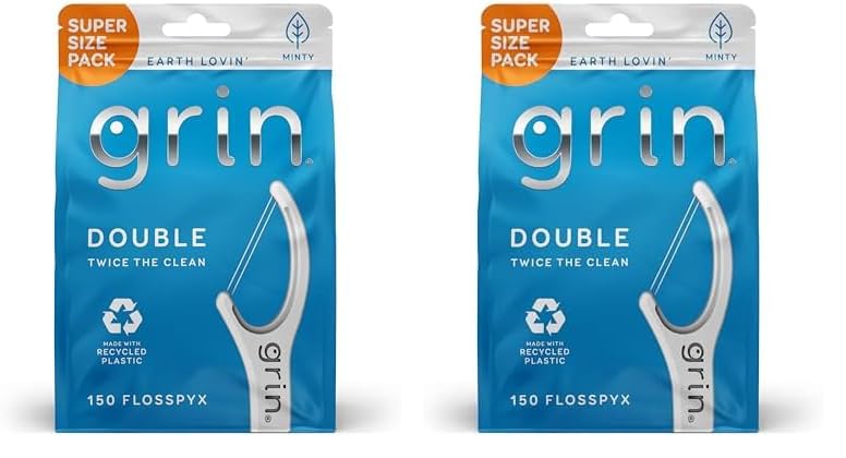 GRIN Double Flosspyx, Floss Picks, 150 ct, Dental Flossers, Minty Flavor, Recycled Plastic, 2 Lines of Strong Floss, Longer Floss Head, Traps Food and Plaque, Includes Safe Soft Fold-Back Tooth Pick