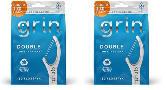 GRIN Double Flosspyx, Floss Picks, 150 ct, Dental Flossers, Minty Flavor, Recycled Plastic, 2 Lines of Strong Floss, Longer Floss Head, Traps Food and Plaque, Includes Safe Soft Fold-Back Tooth Pick