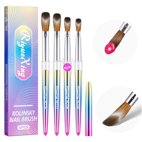 4PCS Kolinsky Nail Brush Set - 6/8/12/16. Oval Shaped Acrylic Powder Nail Design Tools for Professional Manicure DIY