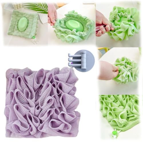 2 in 1 Loofah Washcloth with Soap Pocket & Drawstring, Exfoliating Mesh Shower Scrubber Glove for Body Wash – Soft Reusable Bath Sponge for Men & Women(Purple)
