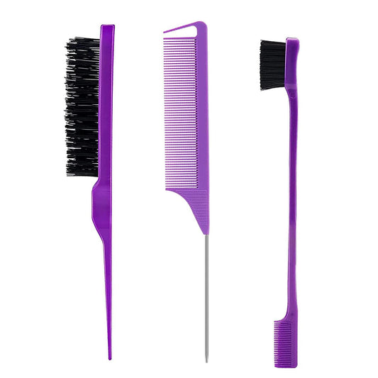 3 Pieces Hair Styling Comb Set Teasing Hair Brush Rat Tail Comb Edge Brush for Edge&Back Brushing, Combing, Slicking Hair for Women (Purple)