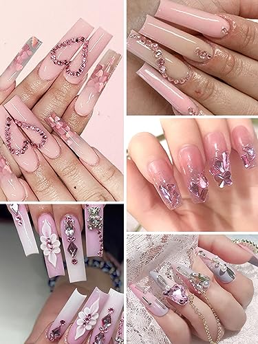 1620 Pcs Nail Art Rhinestones Pink Nail Charms Glass Nail Gems, Wsimily Crystal Flatback Shiny Mixed Nail Rhinestones Beads for DIY Manicure Craft with Tweezer Storage Box Picker Pencil