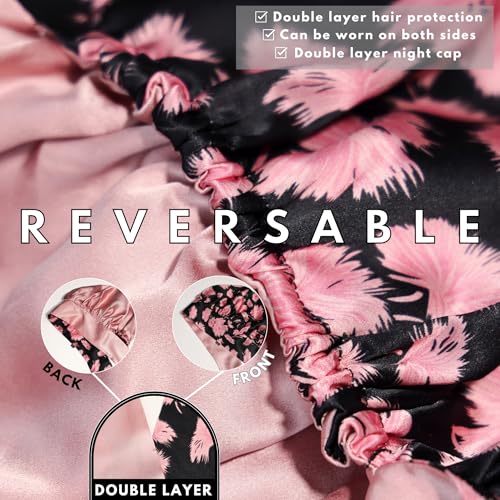 100% Mulberry Silk Bonnet for Sleeping with Ties – Adjustable 19 Momme Double-Layer Reversible Hair Wrap – Stay-On Sleep Bonnet for Women, Long Curly Hair, Natural Hair Care, Real Silk Night Cap – Handmade in USA (Vintage Pink)