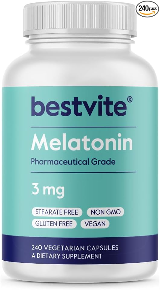 BESTVITE Melatonin 3mg (240 Vegetarian Capsules) - No Crospovidone - No Dextrose - No Dicalcium Phosphate - No Stearates - Vegan - Non GMO - Gluten Free - Easy to Swallow Capsule