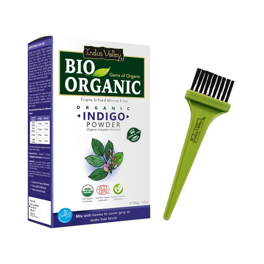 INDUS VALLEY BIO Organic Indigo Powder (Indigofera Tinctoria) with Color Recipe Book and an Applicator Brush Kit (100g) - Black