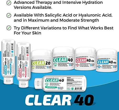 Clear 40, 40% Urea Gel, 8 oz w/Tea Tree & Coconut Oil, Aloe Vera Extract, Works on Calluses & Corns, Moisturizes & Softens Cracked Heels, Feet, Elbows, Hands, Nails, Superior Hydration to Urea Creams