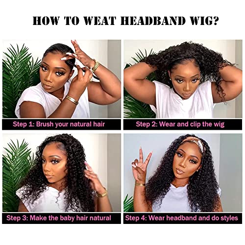 Headband Wig Human Hair Wigs 14 Inch Wear and Go Glueless Wig Curly Deep Wave Headband Wig Natural Color